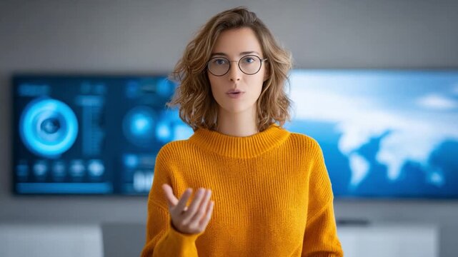 Engaging Presentation: A focused professional, radiating competence, delivers a compelling presentation, commanding attention in a modern setting.
