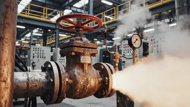 Industrial pipeline valve with steam and pressure gauge in factory interior