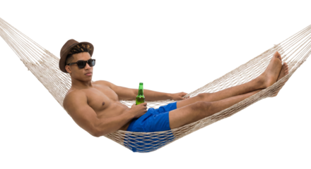 Relaxing afternoon a guy with a beer laying in a hammock on a transparent background