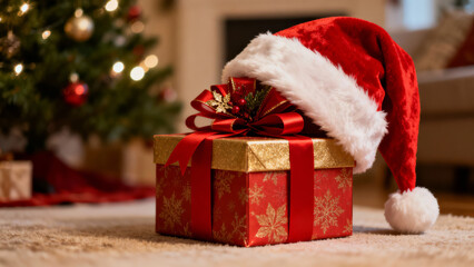 Joyful christmas holiday celebration with festive gift box and santa hat on wooden table near decorated tree