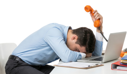 Overwhelmed professional collapses from work induced exhaustion with vintage phone and computer