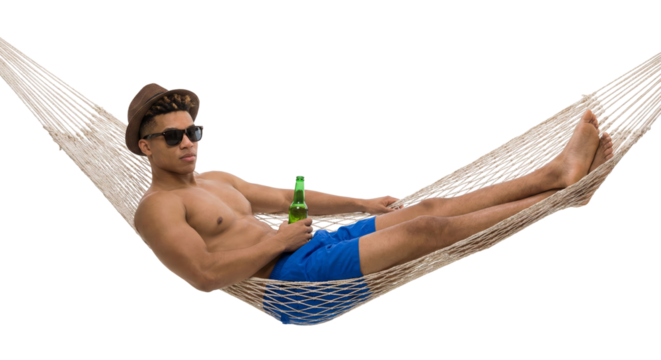 Relaxing afternoon a guy with a beer laying in a hammock on a transparent background