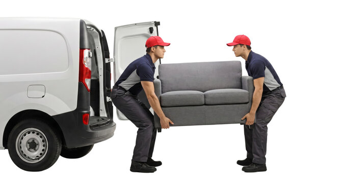 Moving day movers loading sofa into a delivery van for residential move