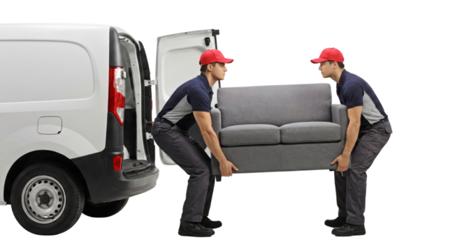 Moving day movers loading sofa into a delivery van for residential move