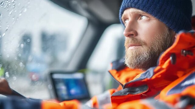 Focused Journey: A determined driver navigates a rain-swept journey, his gaze fixed intently forward. His resolute expression reflects his dedication