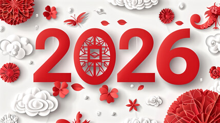 2026 paper-cut numbers in red, classic Chinese paper-cut gift bo