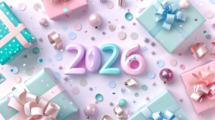 2026 in pastel bubble-style typography, surrounded by cute kawai
