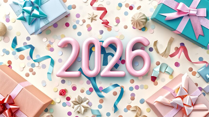 2026 in pastel bubble-style typography, surrounded by cute kawai