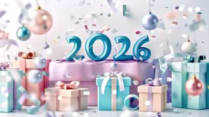 2026 in pastel bubble-style typography, surrounded by cute kawai