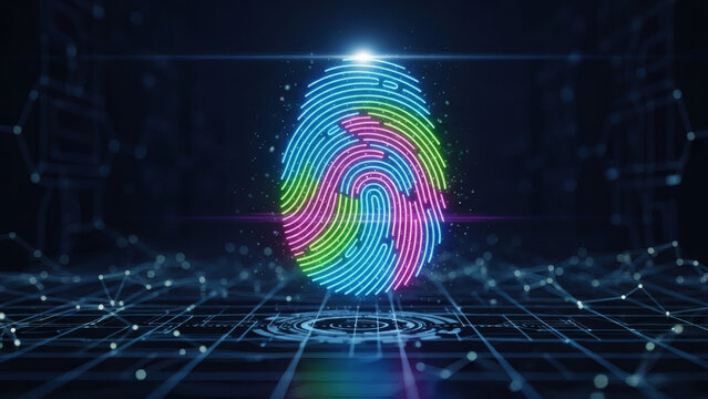 Abstract biometric fingerprint identification concept with colorful segments on a digital network background, representing digital security and identity verification technology - Powered by Adobe