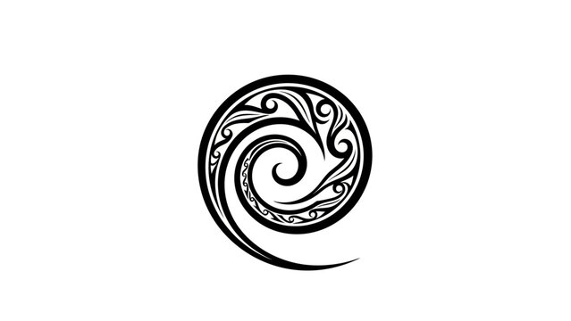 Intricate black and white spiral design with tribal patterns, resembling a koru or Polynesian artwork.