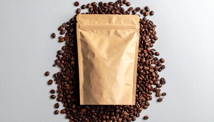 Craft coffee beans and kraft paper bag create inviting, rustic aesthetic for branding and packaging design inspiration, perfect for gourmet coffee shop promotion