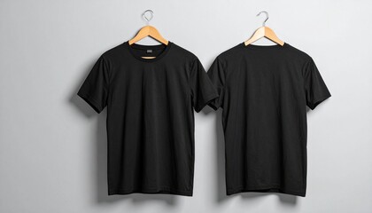 Black T-Shirts on Hangers Mockup for Apparel Brand Promotion and Design Template, Showcasing Front and Back of Stylish Clothing for E-Commerce