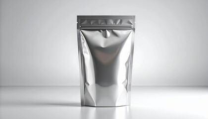 Sleek silver stand-up pouch ready for your branding and design needs, perfect for food, snacks, or supplements, professional presentation, mockup template