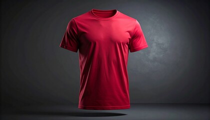 Vibrant red t-shirt floating in a studio setting, perfect for apparel mockups, fashion designs, and branding projects needing a pop of color and modern style