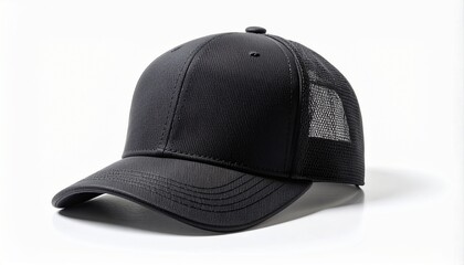 Stylish black baseball cap on white backdrop, perfect for sporty fashion statements and casual everyday wear, effortlessly cool and modern aesthetic