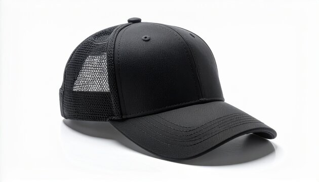 Sleek black trucker hat with breathable mesh, perfect for summer style and customizable branding opportunities, a modern fashion accessory on white