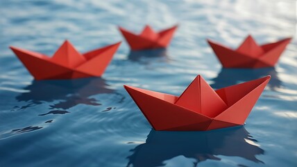 Red Paper Boats Floating on Rippling Blue Water Keywords: paper boat, origami, red, floating