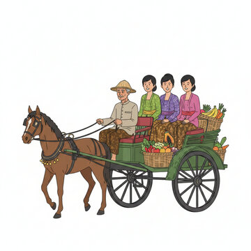 andong transportation tool carrying three mothers and shopping items. Isolated on a white background.