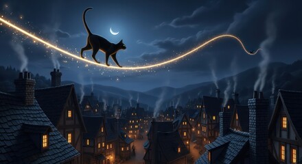 Nighttime stroll: A black cat walks a golden path above a quaint village under the moonlight