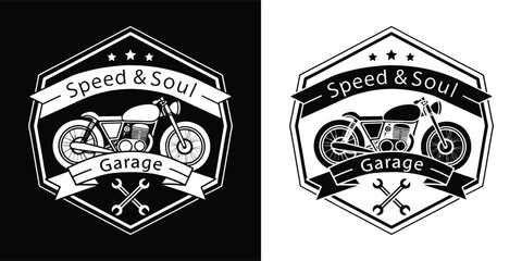 Motorcycle garage emblem with text speed soul garage, featuring a motorcycle and crossed wrenches, in black and white