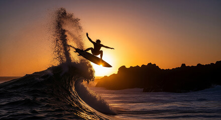 Dynamic silhouette of surfer mid-air on ocean wave against vibrant sunset sky.