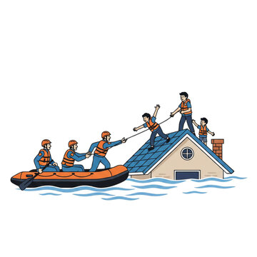 Illustration of rescue team helping residents from flood. Isolated on white background.