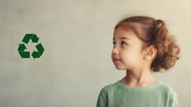A thoughtful girl gazes at a recycling symbol, highlighting an interest in environmental awareness and sustainability. - Powered by Adobe