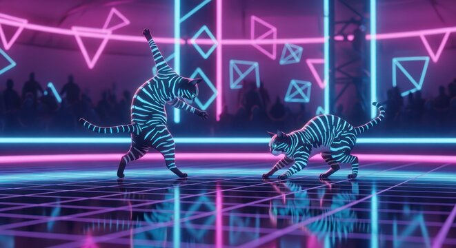 Neon feline frenzy futuristic showdown with vibrant stripes and geometric lights