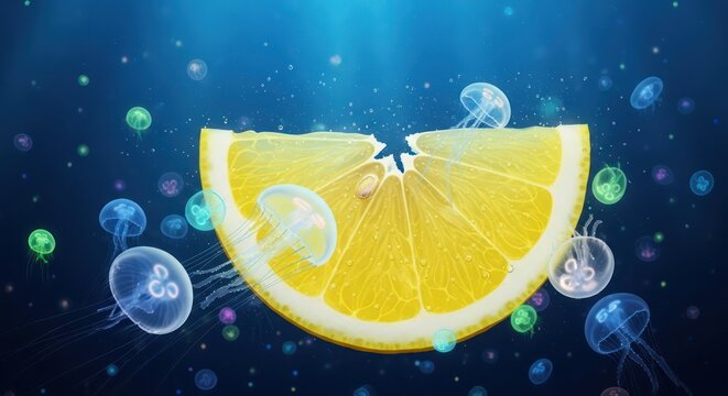 Surreal citrus sea a vibrant lemon slice adrift among bioluminescent jellyfish creating a