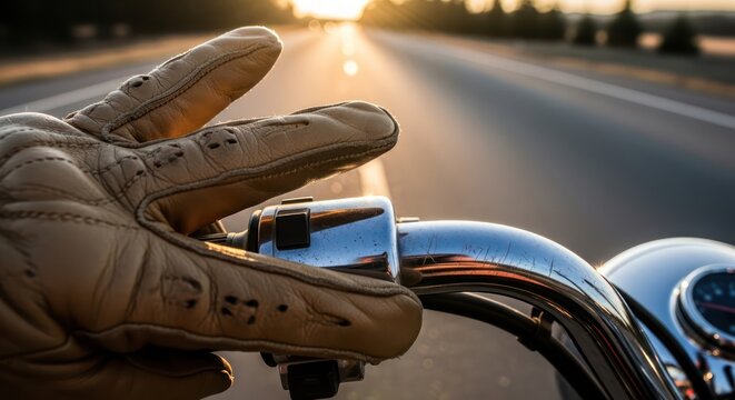 Motorcycle ride at sunset on an open road under golden sunlight experience with leather glove