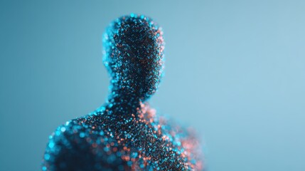A stylized representation of a human figure composed of shimmering particles, blending blue and orange hues against a soft background.