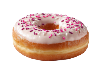 Pink frosted donut with white and purple sprinkles on black background doughnut frosting