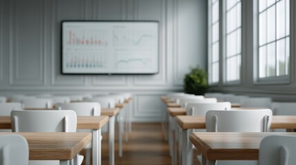 A modern classroom featuring wooden desks, large windows, and a digital display showing data graphs and trends.