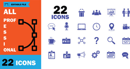 Twenty two icons display essential business meeting and communication themes on a vibrant backdrop