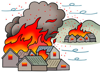 火災事故のイラスト - 火事・大規模火災・火の粉・飛び火