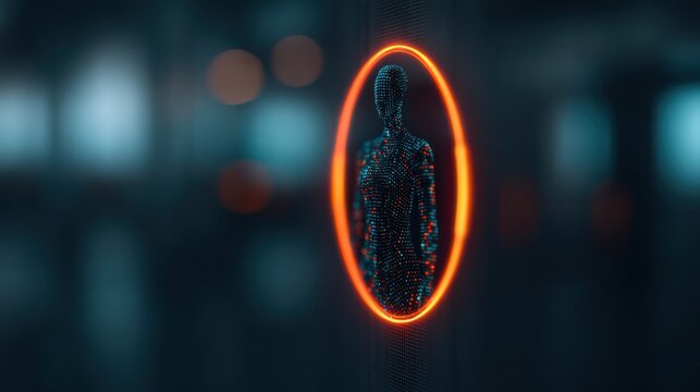 A digital figure represented by glowing dots appears within an illuminated circular frame, creating a futuristic and abstract visual.