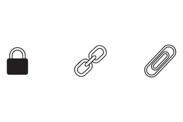Three simple line art icons representing security connection and fastening isolated on white background
