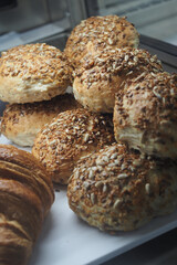 Freshly baked breads and pastries in a bakery display