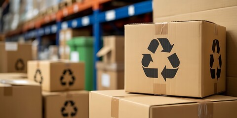 Cardboard boxes with recycling symbol in warehouse