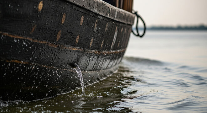 Water dripping from a dark wooden boat's hull into calm water on a lake.