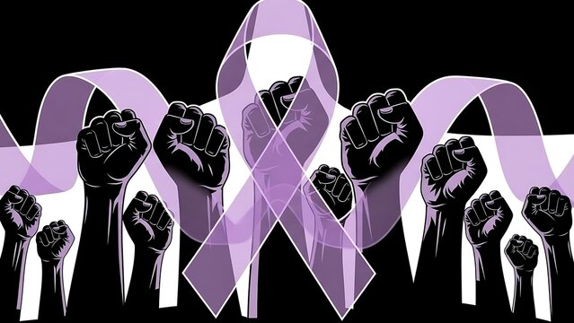 Purple ribbon and raised fists symbolizing support and awareness