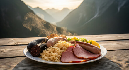 Authentic alpine meal: steaming sausages, ham, and sauerkraut on a mountain table.