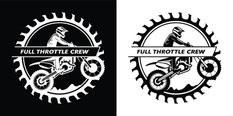 Motocross rider on a dirt bike inside a gear shape with the text full throttle crew