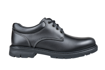 Black leather lace up work shoe side view on black background footwear, Isolated On White Background, Png Transparent