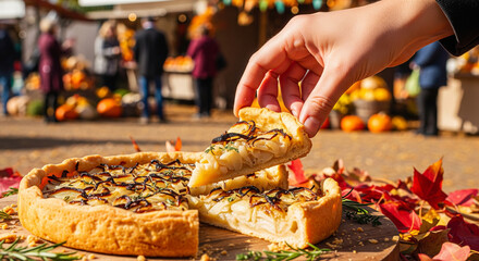Hand taking a delicious slice of savory onion tart at an outdoor autumn market.