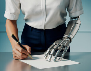 Human and Robot Hand Signing a Contract Representing AI Ethics