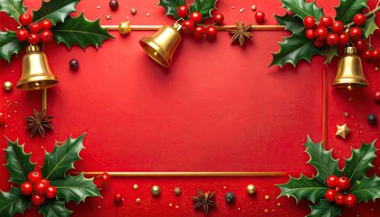 Festive Christmas background with holly berries golden bells and star anise.