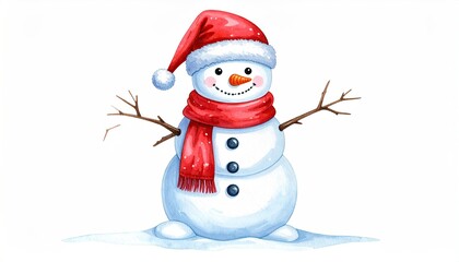 Cute watercolor snowman wearing a Santa hat and red scarf for winter holidays.