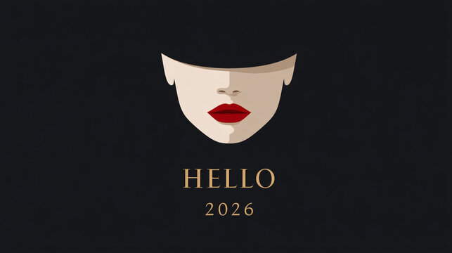 Minimal typography Hello 2026, modern graphic design, black and gold palette